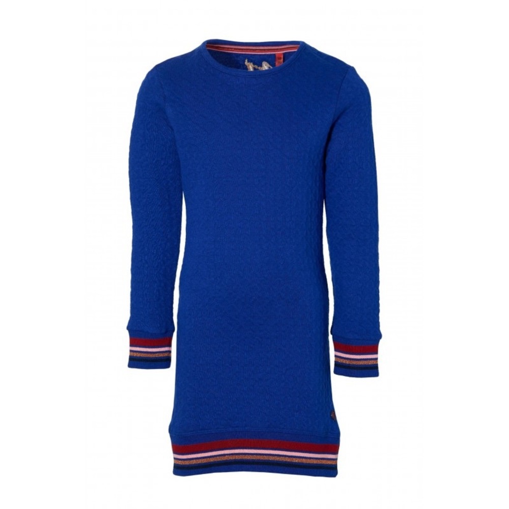 Blue jacquard Dress with Striped Trim